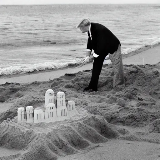 Image similar to Donald Trump at the beach making a sand castle with SpongeBob squarepants