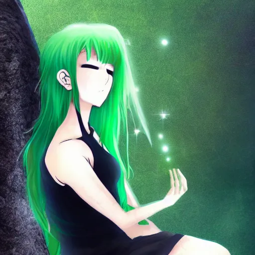 anime girl with green hair, meditating on a rock, | Stable Diffusion |  OpenArt