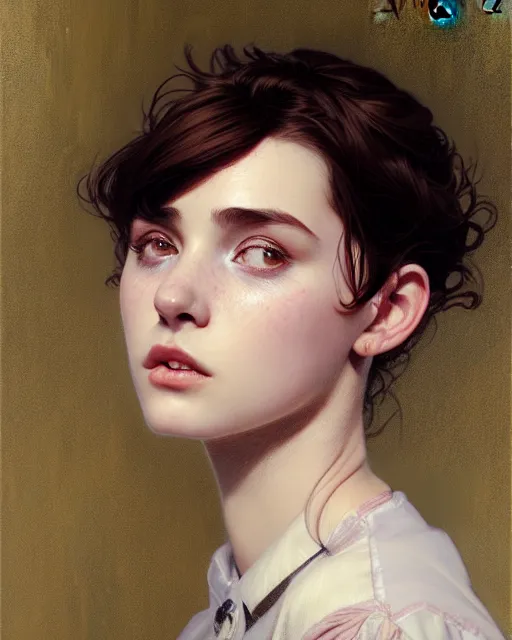 Image similar to portrait of a welsh teenage girl with brown hair, glowing skin, delicate features, amelie poulain, fantasy, intricate, elegant, dress shirt, highly detailed, digital painting, artstation, concept art, smooth, sharp focus, illustration, art by Krenz Cushart and Artem Demura and alphonse mucha