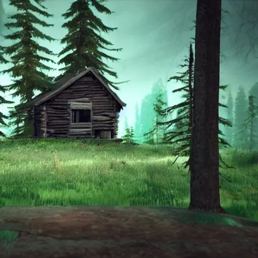 Image similar to a photo of a Eerie cabin in the middle of the woods in the style of Super Smash bros, gameplay footage