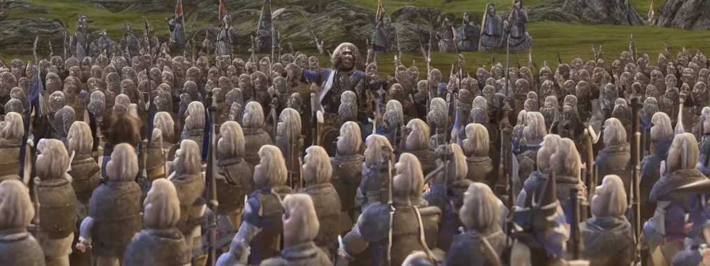 Prompt: William wallace giving speech in front of an army of Scottish highlanders, claymation, wallace and grommit, realistic volumetric lighting