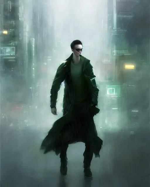 Image similar to battle hardened, overpowering, pragmatic, charismatic character from the matrix, face centered portrait, confident, ruined cityscape, sterile minimalistic room, architecture, fog, volumetric lighting, illustration, perfectly shaded, greenish tinge, cold lights soft painting, art by krenz cushart and wenjun lin