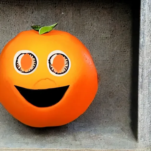 Image similar to an orange with eyes and mouth, making a weird face