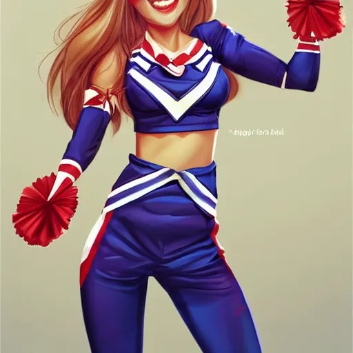 Image similar to very beautiful female cheerleader, smiling, flirty, eye contact, perfect face, perfect body, drawn by artgerm