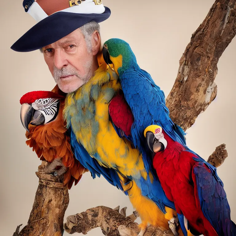 Image similar to high fashion photoshoot octane render portrait by wayne barlow and carlo crivelli and glenn fabry, a distinguished sea captain wearing a colorful eccentric velvet pastel vintage uniform and holding a macaw while standing on a beautiful high - end white and wood yacht, very short depth of field, bokeh