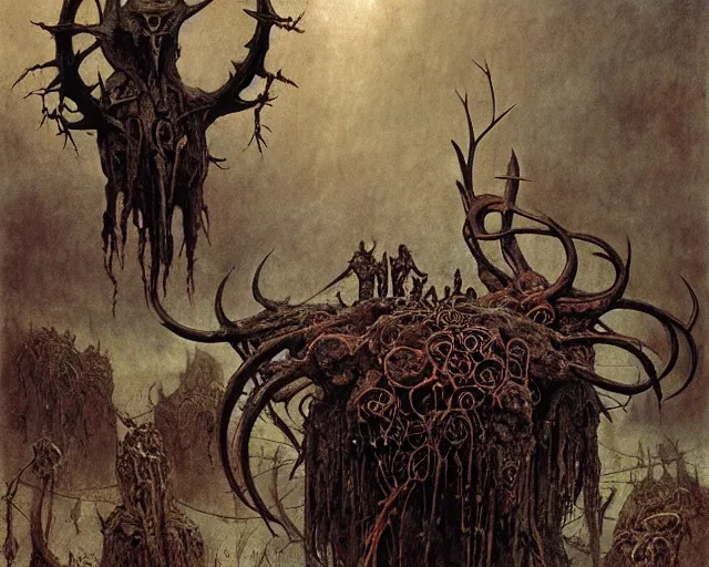 Image similar to Ancient cultic ritual totem made of horns and thorns by kostnice czech, Beksinski, Arthur Rackham, Eugene de Blaas, Dariusz Zawadzki, Wayne Barlowe