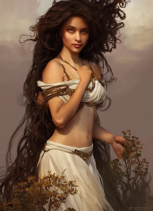 Image similar to medium-length portrait of a female princess with long curly hair and brown eyes, dark brown skin, happy expression, wears a beautiful flowing gown, medieval setting, highly detailed, digital painting, artstation, concept art, sharp focus, illustration, art by greg rutkowski and alphonse mucha