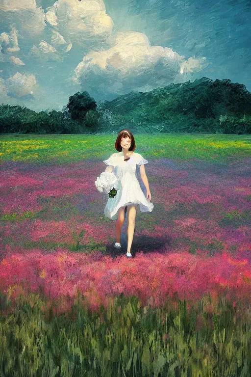 Image similar to giant white flower head, girl walking in a flower field, surreal photography, sunrise, dramatic light, impressionist painting, colorful clouds, digital painting, artstation, simon stalenhag