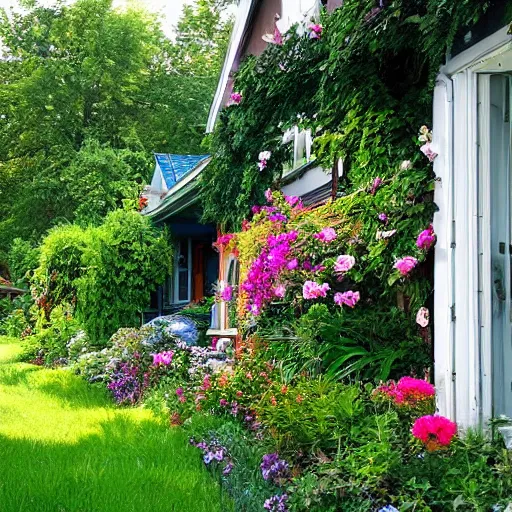 Image similar to A beautiful cottage with a lush front yard, with a flower patch and a flowing river