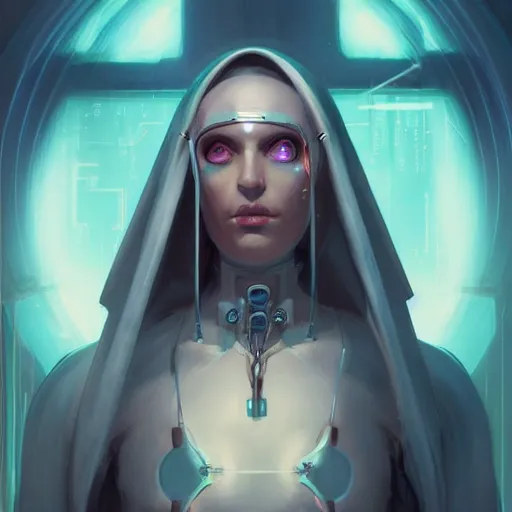 Image similar to a portrait of a beautiful cybernetic nun, cyberpunk concept art by pete mohrbacher and wlop and artgerm and josan gonzales, digital art, highly detailed, intricate, sci-fi, sharp focus, Trending on Artstation HQ, deviantart, unreal engine 5, 4K UHD image