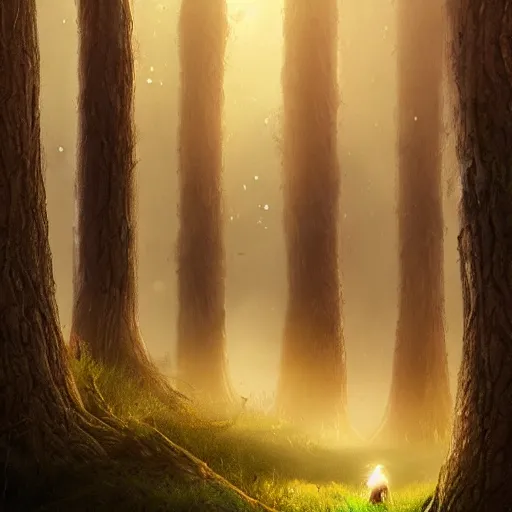 Prompt: dark forest tall trees, glowing eyes all around, little red riding hood is norse god, pixar style, trending artstation, super realistic detail