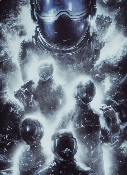 Image similar to astronauts in dark and empty void underwater - complex and hyperdetailed suit. reflection and dispersion materials. rays and dispersion of light. volumetric light. 5 0 mm, f / 3 2. noise film photo. flash photography. ultra realistic, wide angle. poster by wayne barlowe, hajime sorayama aaron horkey, craig mullins. dark key.