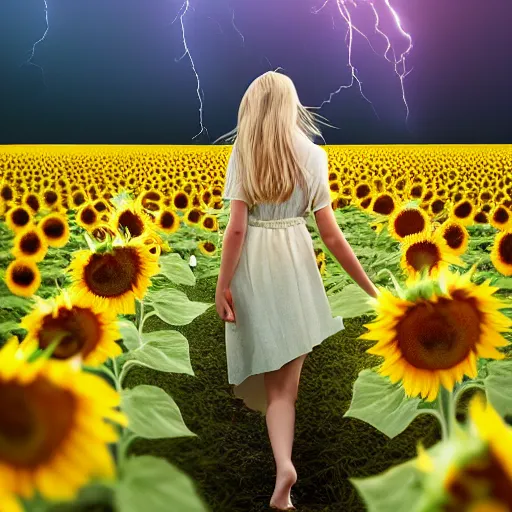 Prompt: a girl slowly walking through amazing tall sunflower field, hair flowing, early morning lightning, bad weather approaching, a storybook illustration by louise abbema, cgsociety, magical realism, reimagined by industrial light and magic, volumetric lighting, cinematic lighting