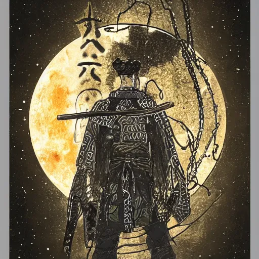 Image similar to a portrait from behind of a samurai man vagabond with a moon behind him, the samurai is wrapped in chains, detailed, concept art, ink style, sketch