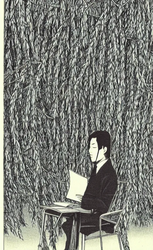Image similar to by akio watanabe, manga art, willow plant, steel chair, portrait of male writer doing his work, bookshelf, trading card front, realistic anatomy