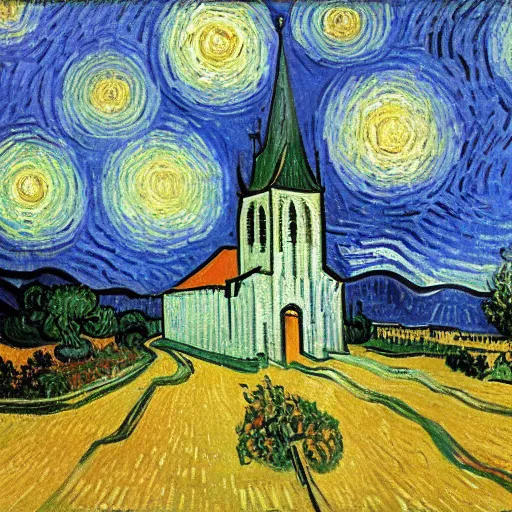 Prompt: a church bell on the ground in front of a church, by Vincent van Gogh