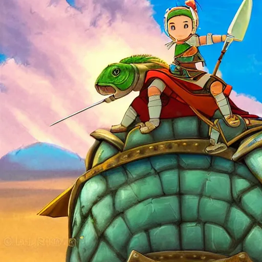 Image similar to portrait of a little warrior girl character riding on top of a giant armored turtle in the desert, studio ghibli epic character, bright colors, diffuse light, dramatic landscape, fantasy illustration