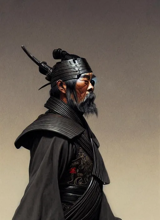 Image similar to portrait of an old Japanese warrior man, muscular, black leather robes! intricate, elegant, highly detailed, digital painting, artstation, concept art, smooth, sharp focus, illustration, art by artgerm and greg rutkowski and alphonse mucha