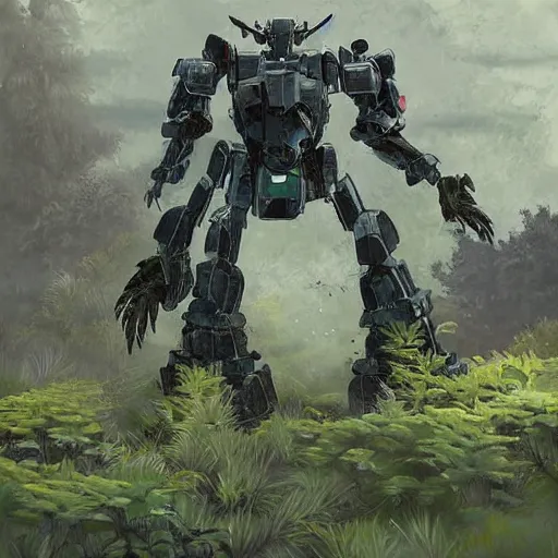 Prompt: a peaceful battle mech that has become overgrown by plants and cordyceps hiking out in nature, painting, haunting, beautiful, realism