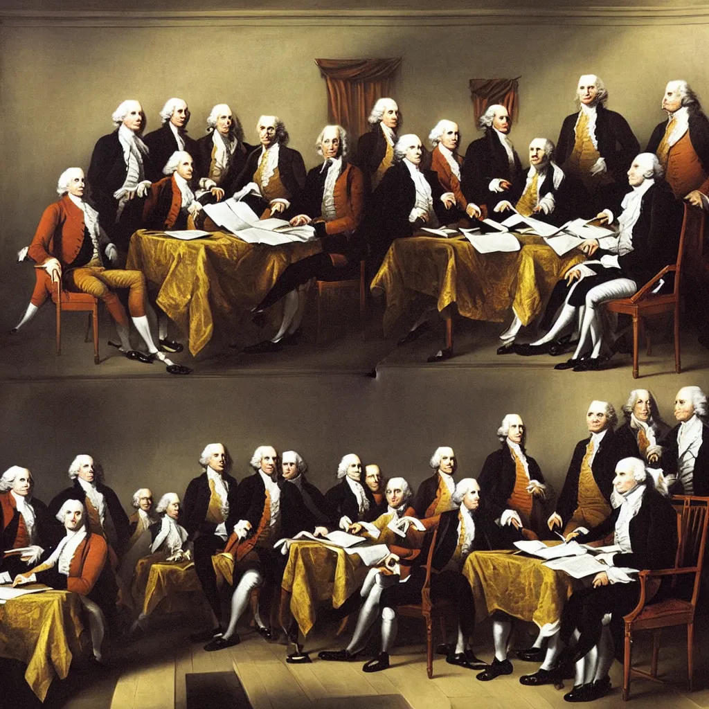 Image similar to the founding fathers as cats signing the declaration of independence, by john trumball