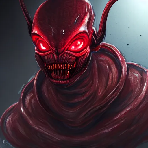Prompt: portrait of an intimidating glowing scary giant, face and skin is dark red, glowing eyes, glowing veins of white, hero, villain, concept art, xenomorph, centered