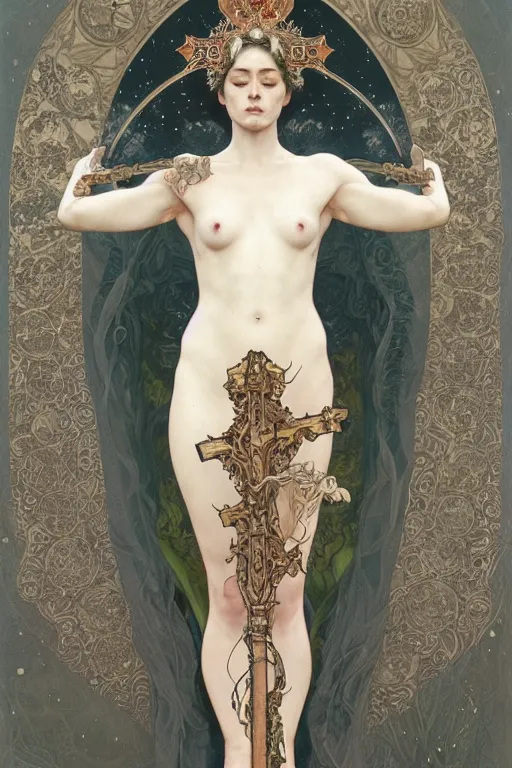 Image similar to a full body portrait of a beautiful ethereal delicate icelandic mage queen meditative sacral pose catholic stages of the cross, intricate, elegant, highly detailed, digital painting, artstation, concept art, smooth, sharp focus, illustration, art by krenz cushart and artem demura and alphonse mucha