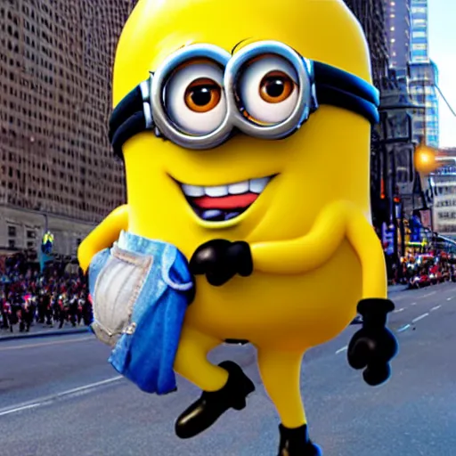 Prompt: minion macys parade thanks giving day balloon float realstic photo