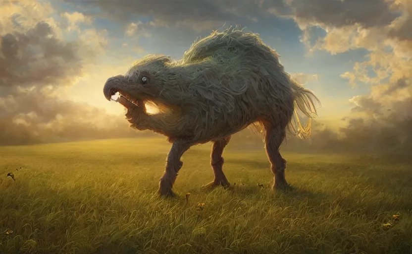 Prompt: A whimsical creature in a field, beautiful, warm dynamic lighting, atmospheric, cinematic, highly detailed digital art, painted by Scott Musgrove