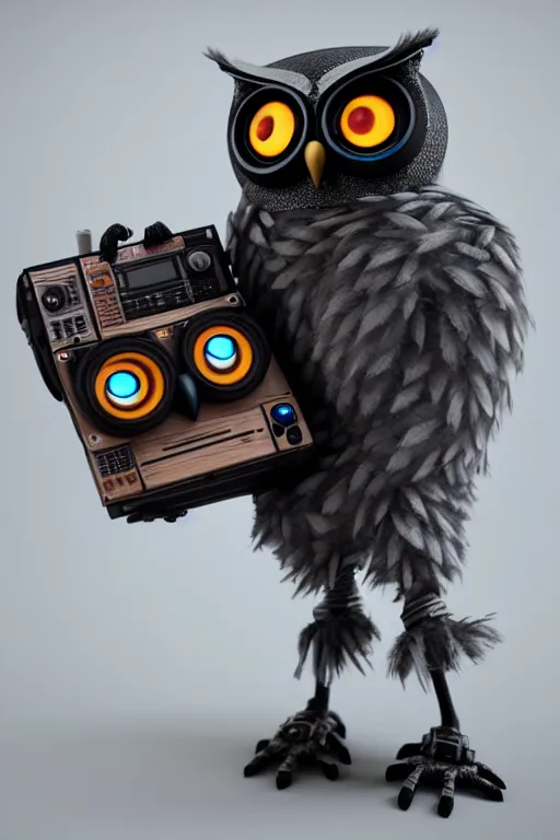 Image similar to high quality 3 d render very cute cyborg owl! with boombox!, cyberpunk highly detailed, unreal engine cinematic smooth, in the style of blade runner & detective pikachu, hannah yata charlie immer, moody light, low angle, uhd 8 k, sharp focus