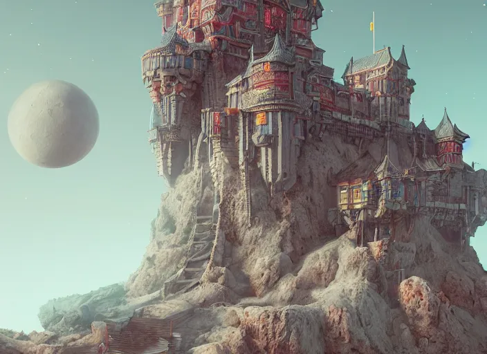 Image similar to a kingdom, a castle on the moon. intricate artwork by Tooth Wu and wlop and beeple. octane render, hyper realism, 8k