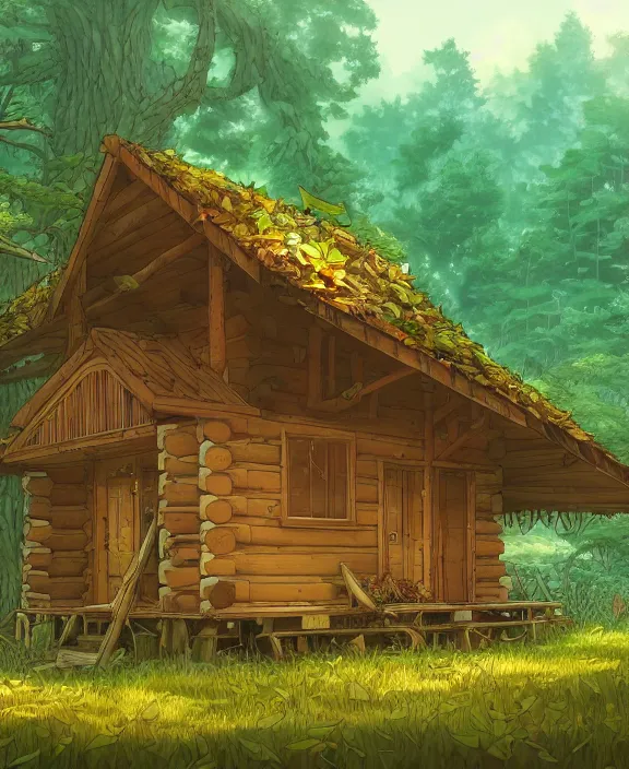 Image similar to a large, simple, cabin made from leaves, overgrown with huge exotic fungus, deep in the woods, sun drenched, partly cloudy, by dan mumford, yusuke murata, makoto shinkai, ross tran, cinematic, unreal engine, cel shaded, featured on artstation, pixiv