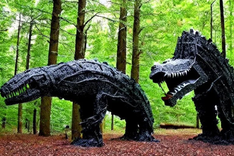 Image similar to mossy recycled tire sculpture of a tyrannosaurus in the forest