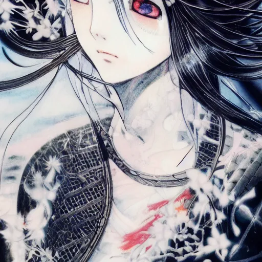 Image similar to yoshitaka amano blurred and dreamy illustration of an anime girl with black eyes, wavy white hair fluttering in the wind wearing elden ring armor and crown with engraving, abstract black and white patterns on the background, noisy film grain effect, highly detailed, art by shigenori soejima, renaissance oil painting, weird portrait angle, blurred lost edges, three quarter view