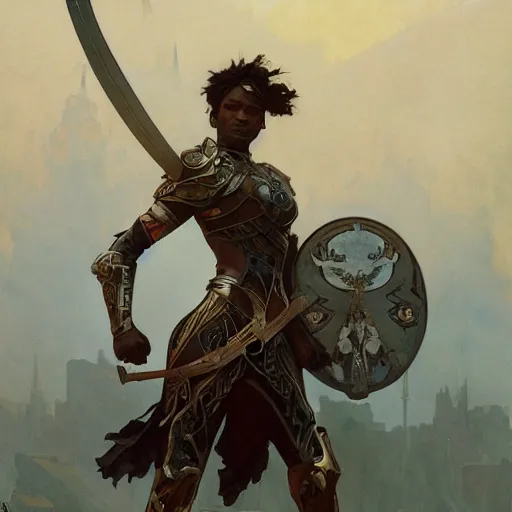 Prompt: Ebony female Warrior in full armor and shield, Digital art, art by Alphonse Mucha, Greg Rutkowski, Alex Ross, WLOP, Artstation, 8K