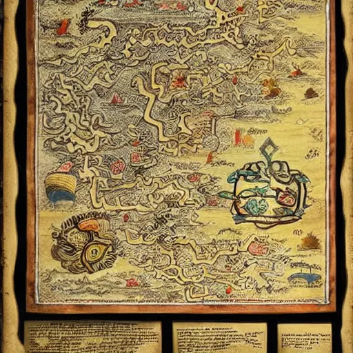 Prompt: ancient colorful map, labyrinth map, scroll, old paper