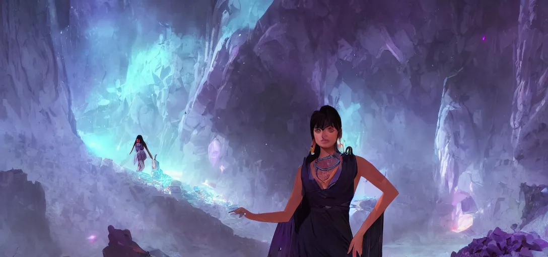 Prompt: Full body portrait of a Himalayan woman in a sleeveless dress,exploring a long sci fi cave with glowing crystals, dark colors, ominous, somber, detailed, by Studio trigger, wojtek fus, by Makoto Shinkai and Ilya Kuvshinov