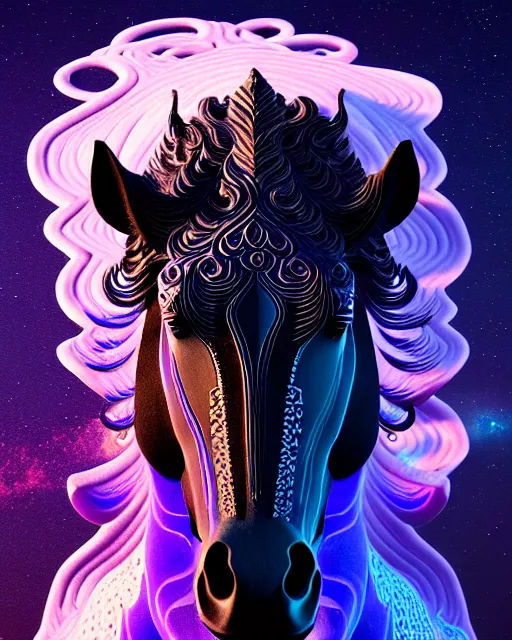 Prompt: 3 d ornate carved dark cosmic horse with profile portrait, sigma 5 0 0 mm f / 5. beautiful intricate highly detailed mongolian horse. bioluminescent, plasma, lava, ice, water, wind, creature, thunderstorm! artwork by tooth wu and wlop and beeple and greg rutkowski, 8 k trending on artstation
