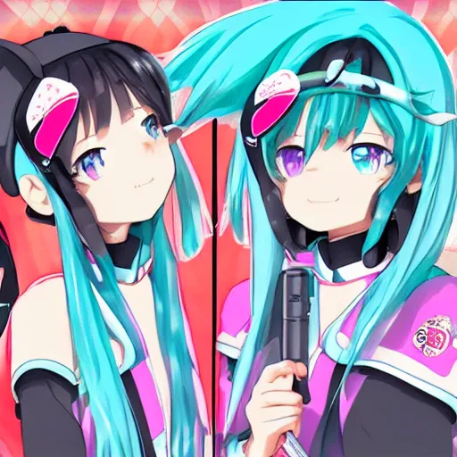 Image similar to Hatsune Miku and Megumin driving down the highway, vaporwave aesthetic