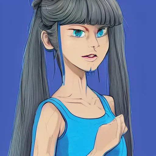 Image similar to if bluetooth was an actual human female, wearing blue crop top with the bluetooth logo on and blue pyjama shorts, digital image, character illustration, highly detailed, long blue hair, background of a blue flower field, trending on art station, art, by jason chan