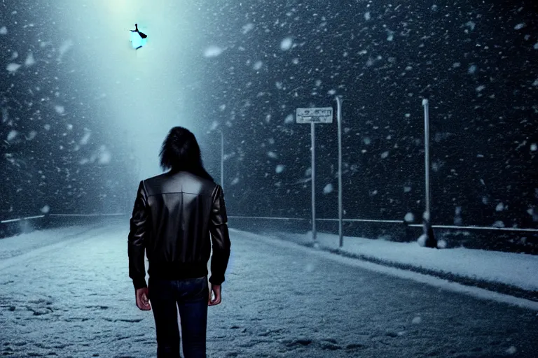 Image similar to movie shot of young man from back pacing lowering head dressed in short leather bomber jacket to empty narrow alley with street lamps in park with pines to the horizon, with hands in pockets, snowfall at night, mullet long haircut, black hairs, cinematic, dramatic, detailed, realistic, movie shot, low greenish lighting