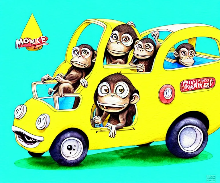 Image similar to cute and funny, monkey riding in a tiny banana boat bus, ratfink style by ed roth, centered award winning watercolor pen illustration, isometric illustration by chihiro iwasaki, edited by craola, tiny details by artgerm and watercolor girl, symmetrically isometrically centered