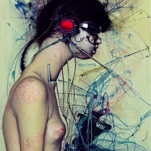 Prompt: young woman cyberpunk having her dreams stolen, wires cybernetic implants, in the style of adrian ghenie, esao andrews, jenny saville,, surrealism, dark art by james jean, takato yamamoto