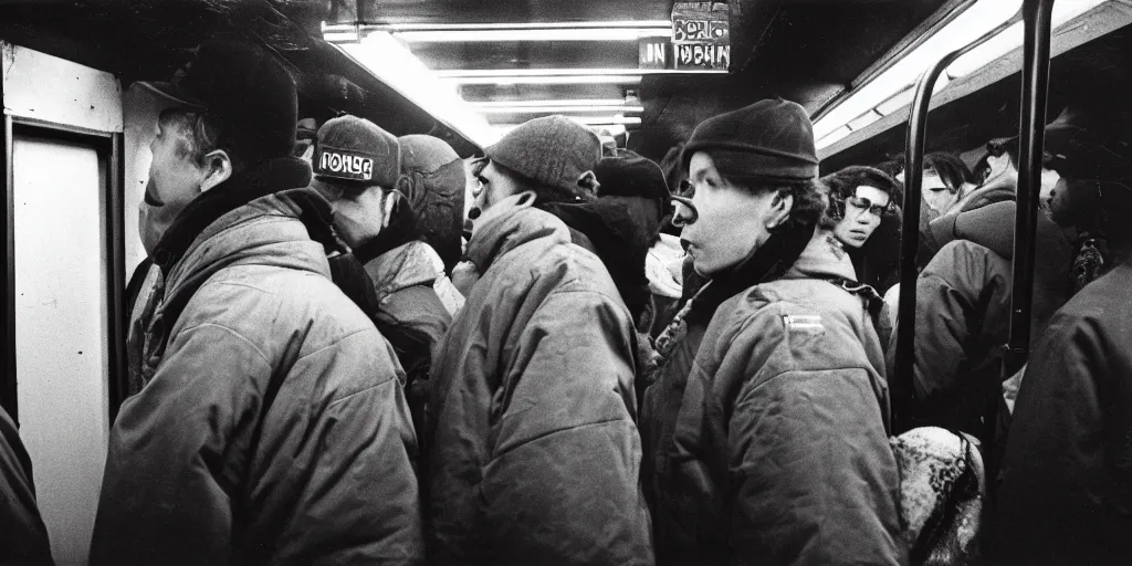 Image similar to new york subway cabin 1 9 8 0 s inside all in graffiti, man in carhartt jacket closeup, policeman closeup, film photography, exposed b & w photography, christopher morris photography, bruce davidson photography