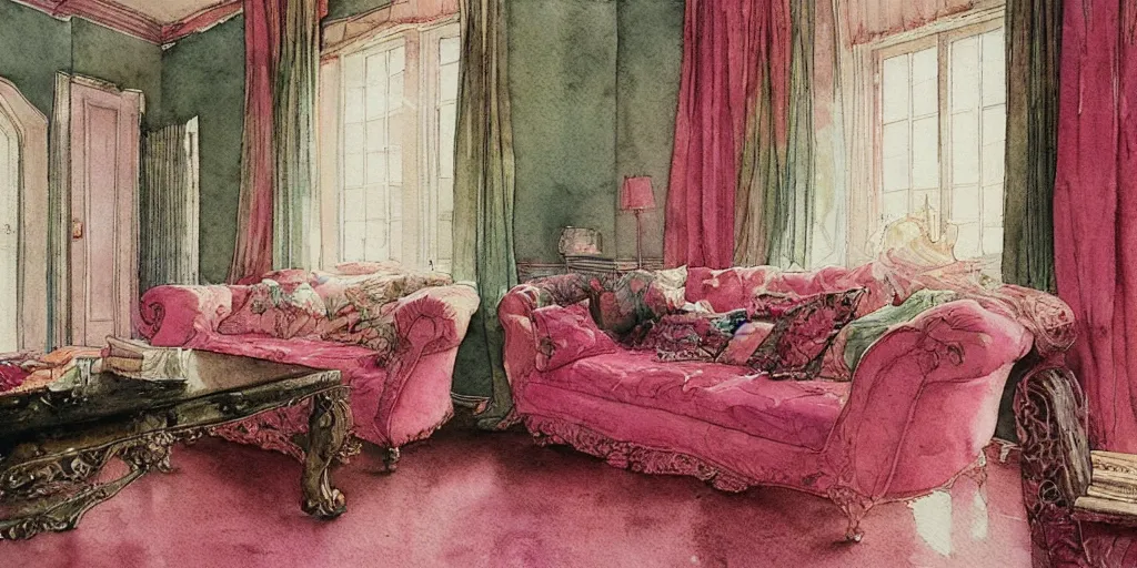 Prompt: a hiper intricate watercolor of a beauty modern living room, reflexions, intricate details, pink and applegeen harmony palette smooth, by william turner art, by greg rutowski by edmund dulac, by carl larson