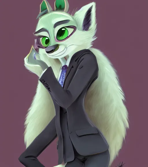 Image similar to oil painting of anthromorphic female wolf, in style of zootopia, zootopia, zootopia, fursona, furry, furaffinity, 4 k, deviantart, furry art, fursona art, wearing black business suit, business suit, in style of zootopia, wolf fursona, cyberpunk, female, expressive detailed feminine face,