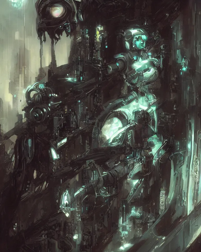 Image similar to a haunting ominous painting of a horrifying but beautiful cybernetic ghost in the style of brom, cyberpunk, artstation