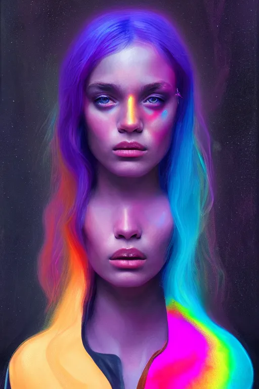 Prompt: 👾👗🛸🌈🧛🏾♀, phantom, dreary, dramatic, fluid, iridescent, golden ratio, artstation, moebius + loish + wlop, hd, oil painting, hyper realistic,