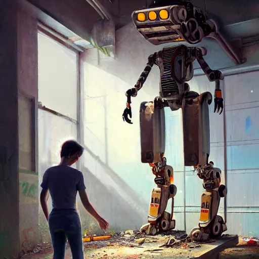Prompt: a detailed realistic painting of a humanoid robot ( chappie ) painting a picture of a human on a canvas in an abandoned building. by jordan grimmer tyler eldin ralph mcquarrie simon stalenhag. digital art, artstation, octane, uhd hdr