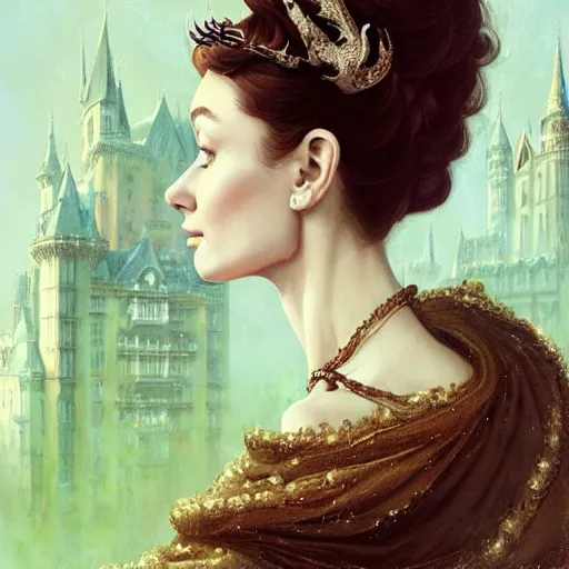 Image similar to audrey hepburn in an epic victorian novel, inside an ornate castle, intricate, elegant, highly detailed, digital painting, artstation, matte, illustration, art by artgerm, greg rutkowski, loish, rhads, ferdinand knab, makoto shinkai, lois van baarle, ilya kuvshinov, rossdraws, tom bagshaw