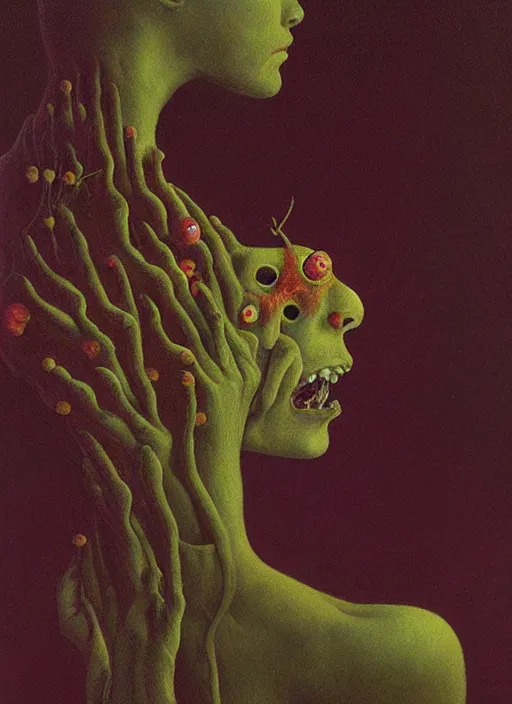 Prompt: She Eats of the Strangling Fruit and Her polyp blossoms bring iridescent fungal flowers whose spores black the foolish stars Edward Hopper and James Gilleard, Zdzislaw Beksinski, Mark Ryden highly detailed